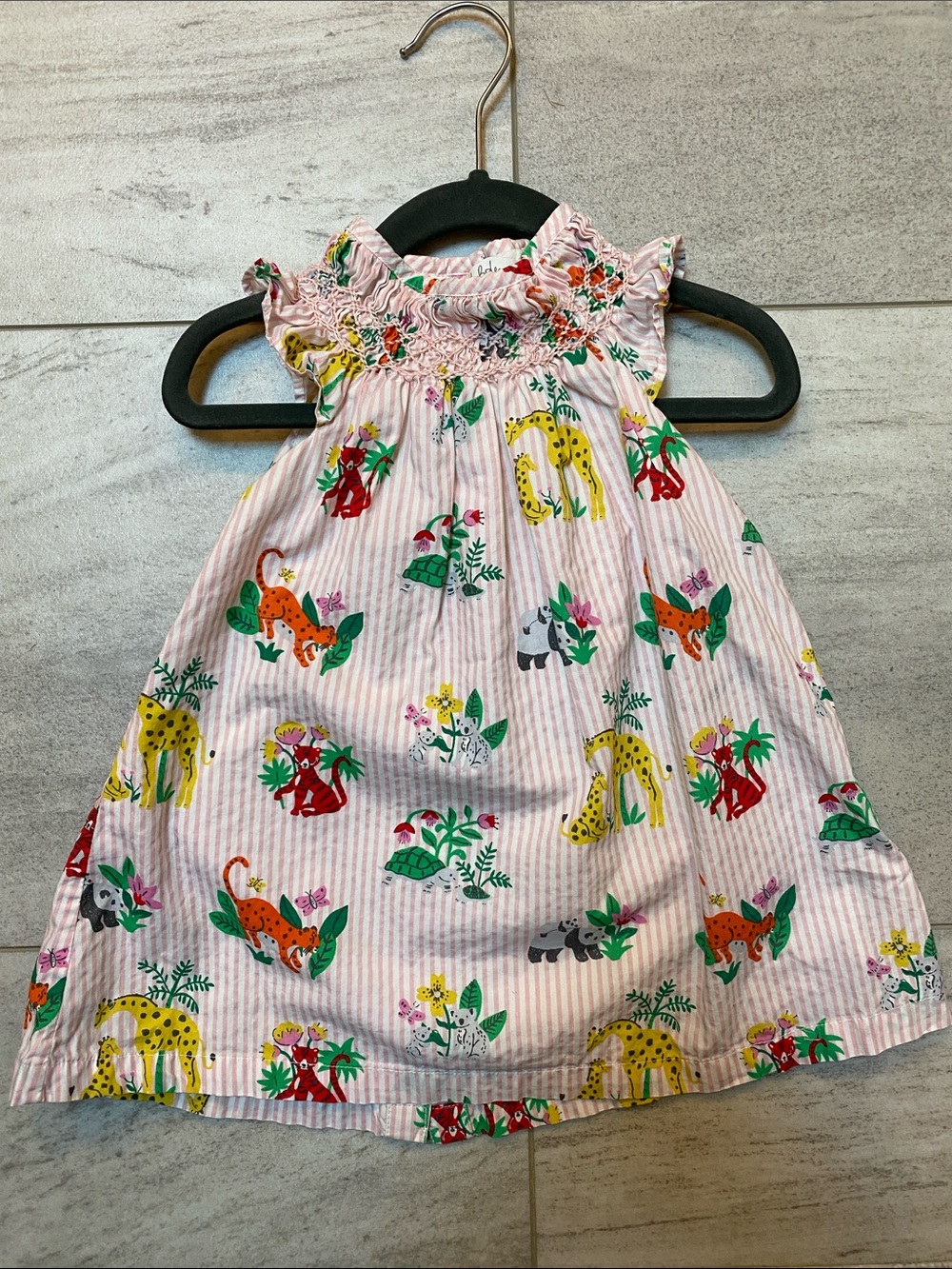 Mini Boden Pink Striped Dress with Multicolor Jungle Animal Print